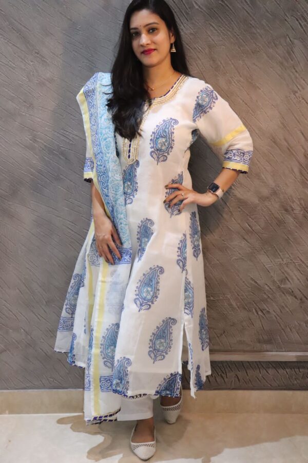 print Kota doria kurta + pant + Kota doria block dupatta